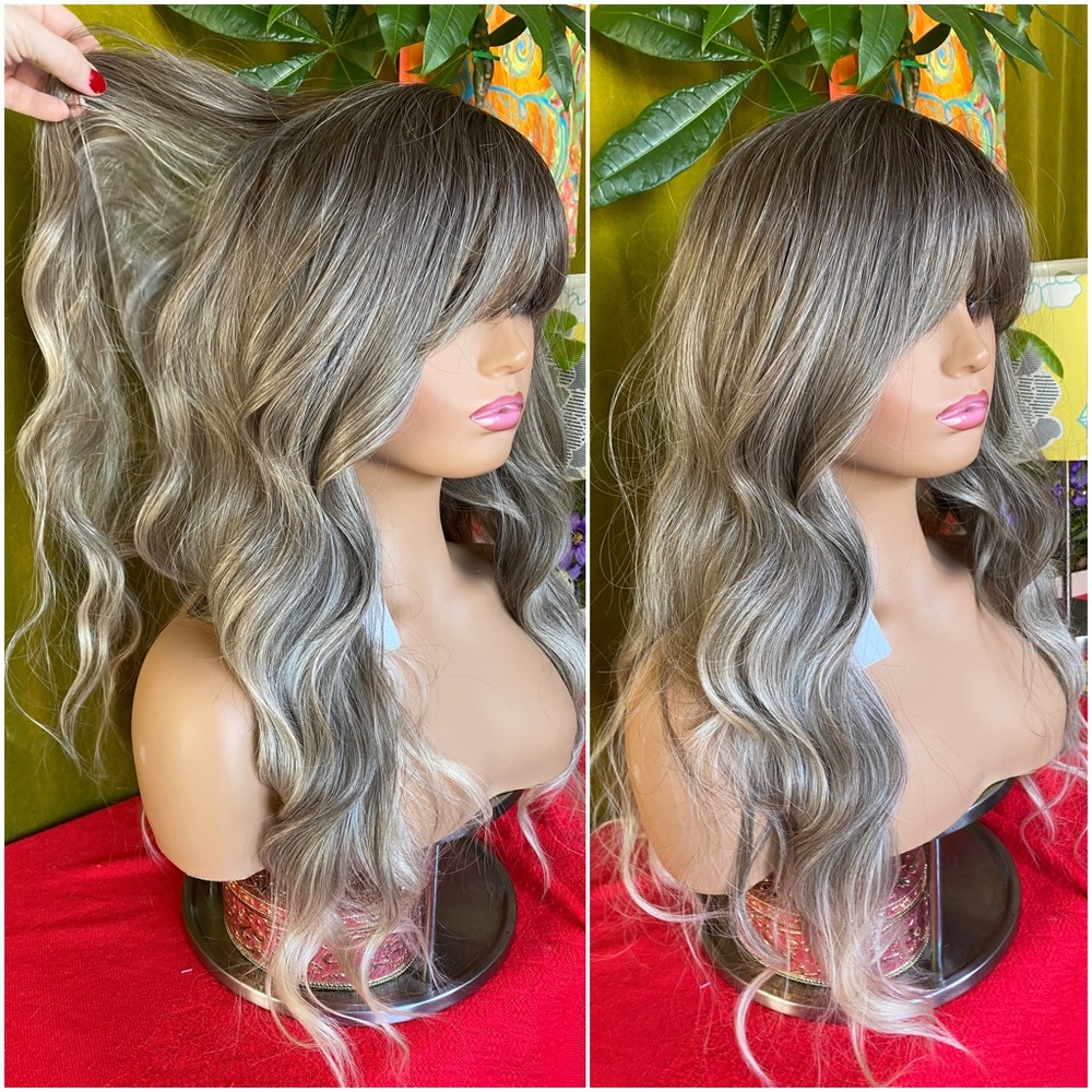 Ash tones brunette blonde wig with bangs